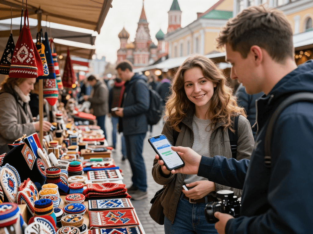 Utilizando https://payinrussia.com/ para pagar en un bullicioso mercado ruso, mostrando interacciones alegres entre turistas y locales.