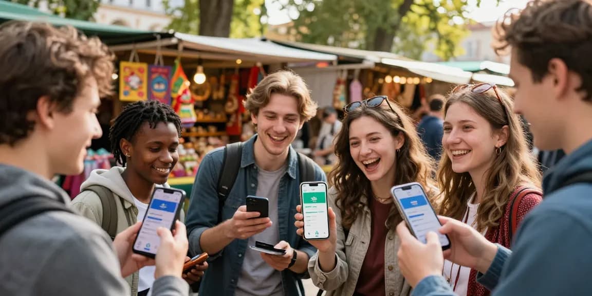 Turistas usando https://payinrussia.com/ en un mercado vibrante, disfrutando de las compras.