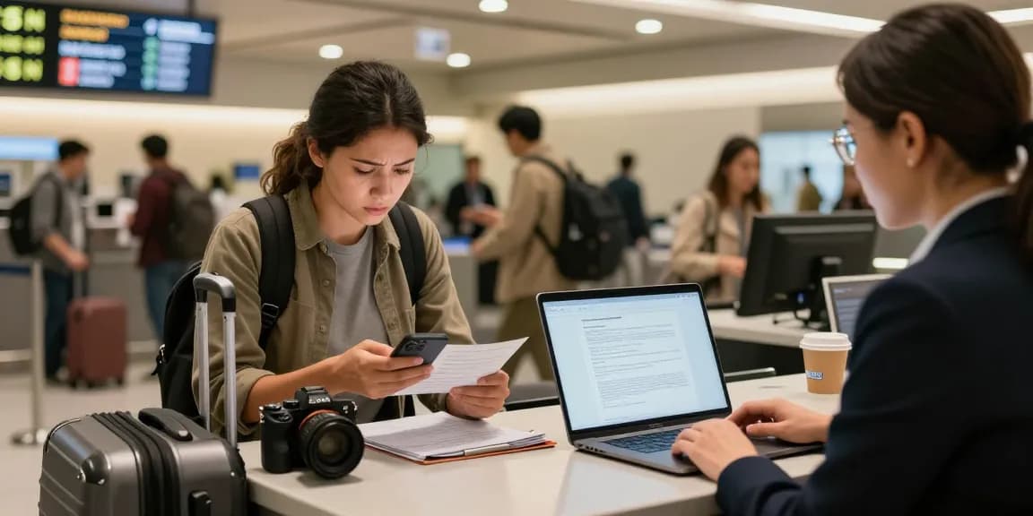 Valken Legal asesorando a un viajero en el mostrador de check-in de un aeropuerto.