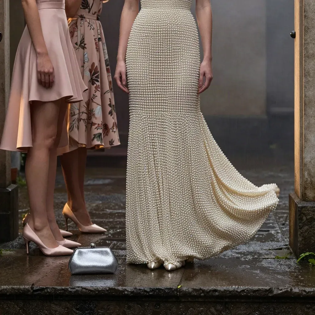 Tres vestidos y accesorios de fiesta en una escena cinematográfica tras la lluvia.