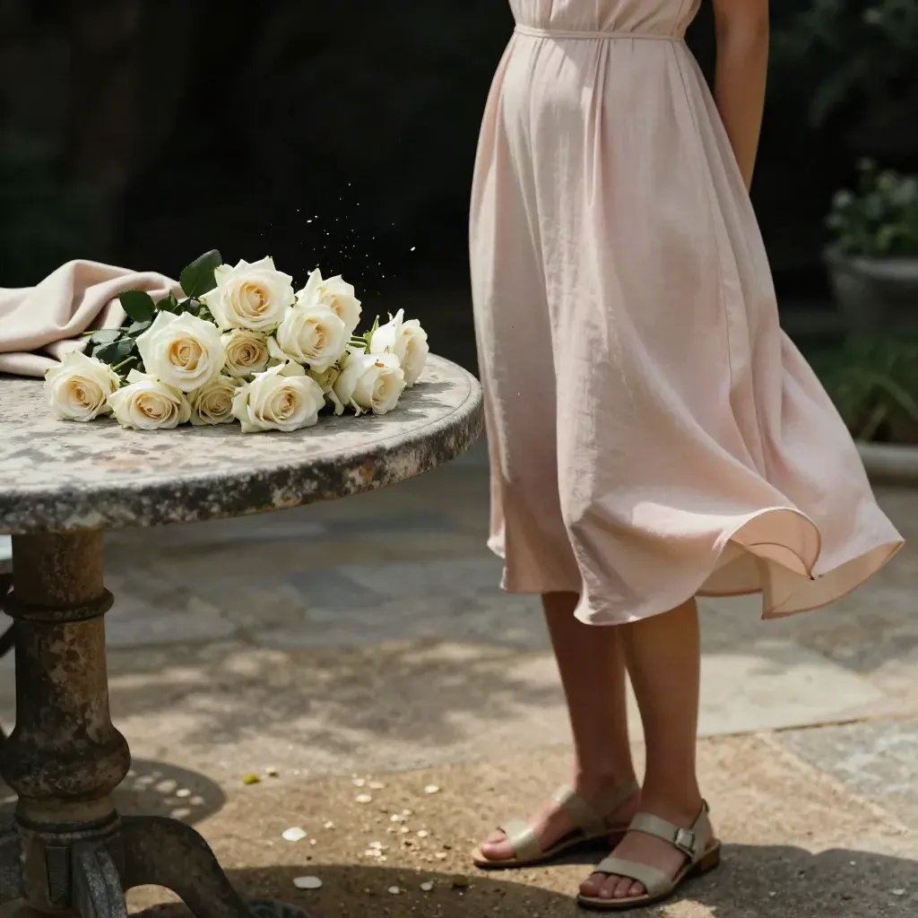 Vestido midi rosa empolvado junto a rosas, pañuelo y sandalias sobre una mesa de terraza.