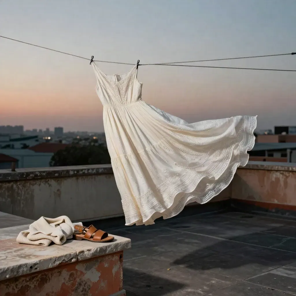 Vestido maxi crema ondeando al viento en una azotea, con cárdigan y sandalias sobre piedra.