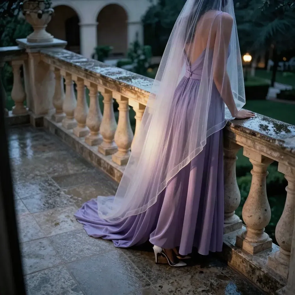 Vestido lila de invitada sobre terraza de travertino con velo y tacones, luz cálida al atardecer.