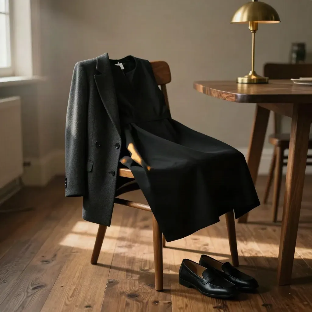 Vestido midi negro en silla de madera con abrigo y bailarinas, luz cálida de tarde.