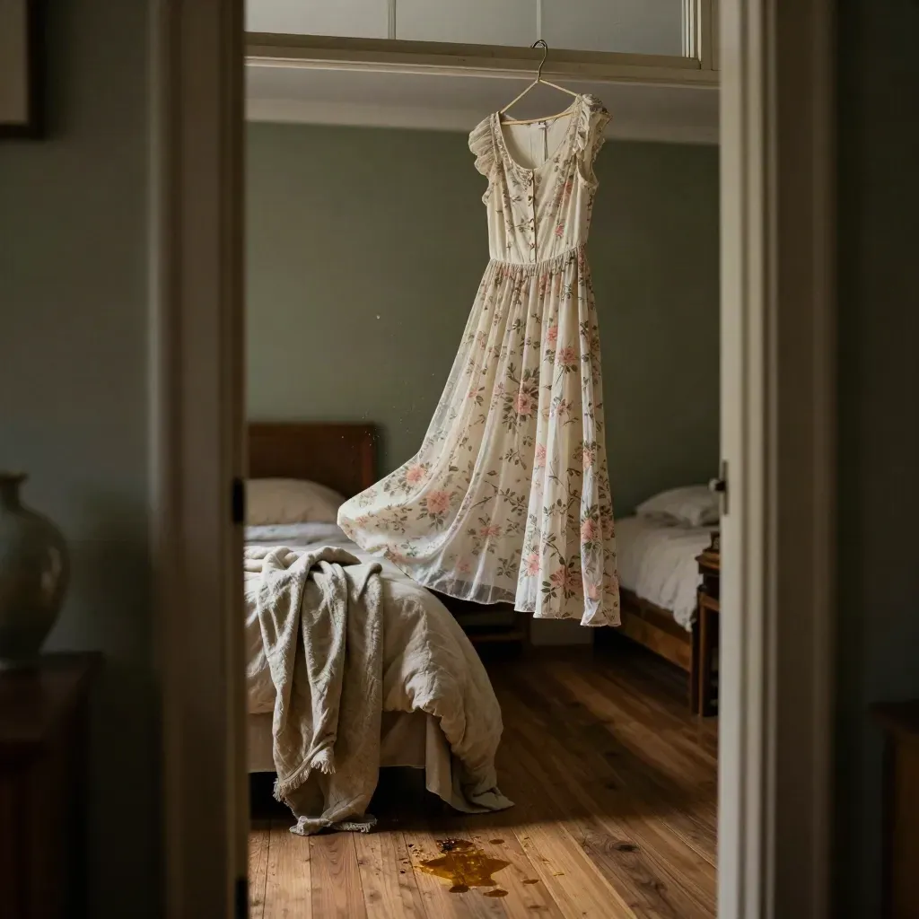 Vestido floral colgado junto a una ventana, con manta de lino y jarrón cerámico en un dormitorio cálido.