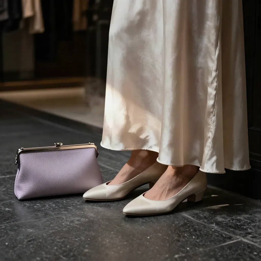 Zapatos bajos bajo un vestido maxi junto a un clutch en suelo de piedra oscura, luz dramática.