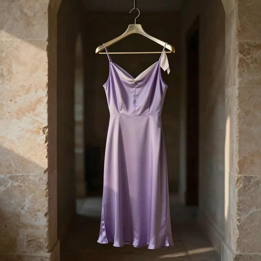 Vestido lencero lavanda en maniquí, pasillo estrecho, luz dorada suave y aire etéreo.