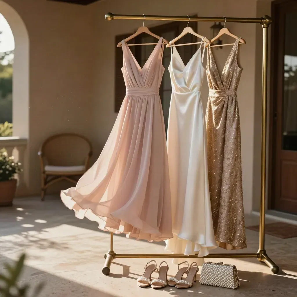 Tres vestidos de invitada en una veranda luminosa con zapatos y clutch debajo.