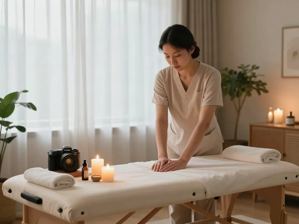 신림동출장안마 services in a serene home massage setup with candles and oils.